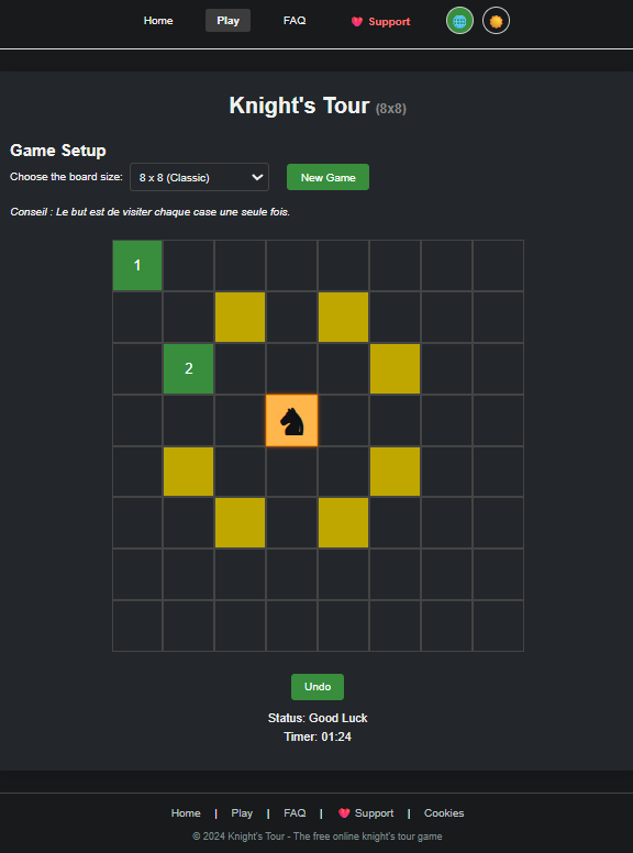 Interface du jeu de réflexion Knight's Tour affichant un échiquier.