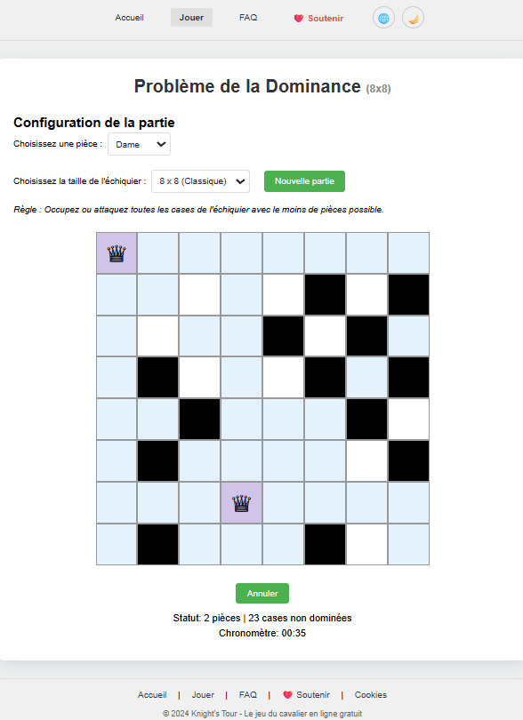 Menu des options du jeu Knight's Tour.