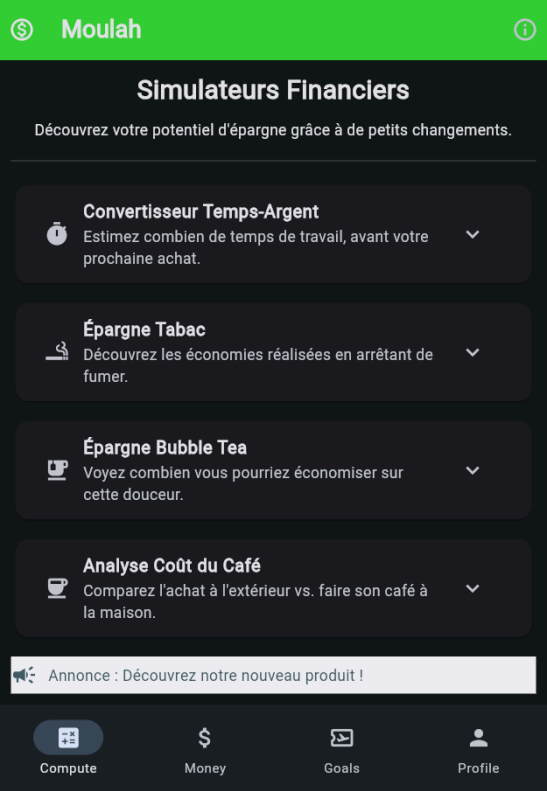 Écran des simulateurs financiers de l'application Moulah.