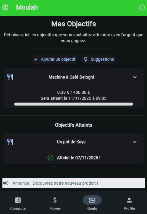 Écran de suivi des objectifs financiers dans l'application Moulah.
