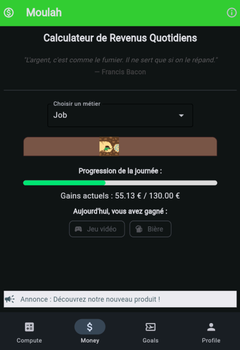 Écran du calculateur de revenus de l'application Moulah.
