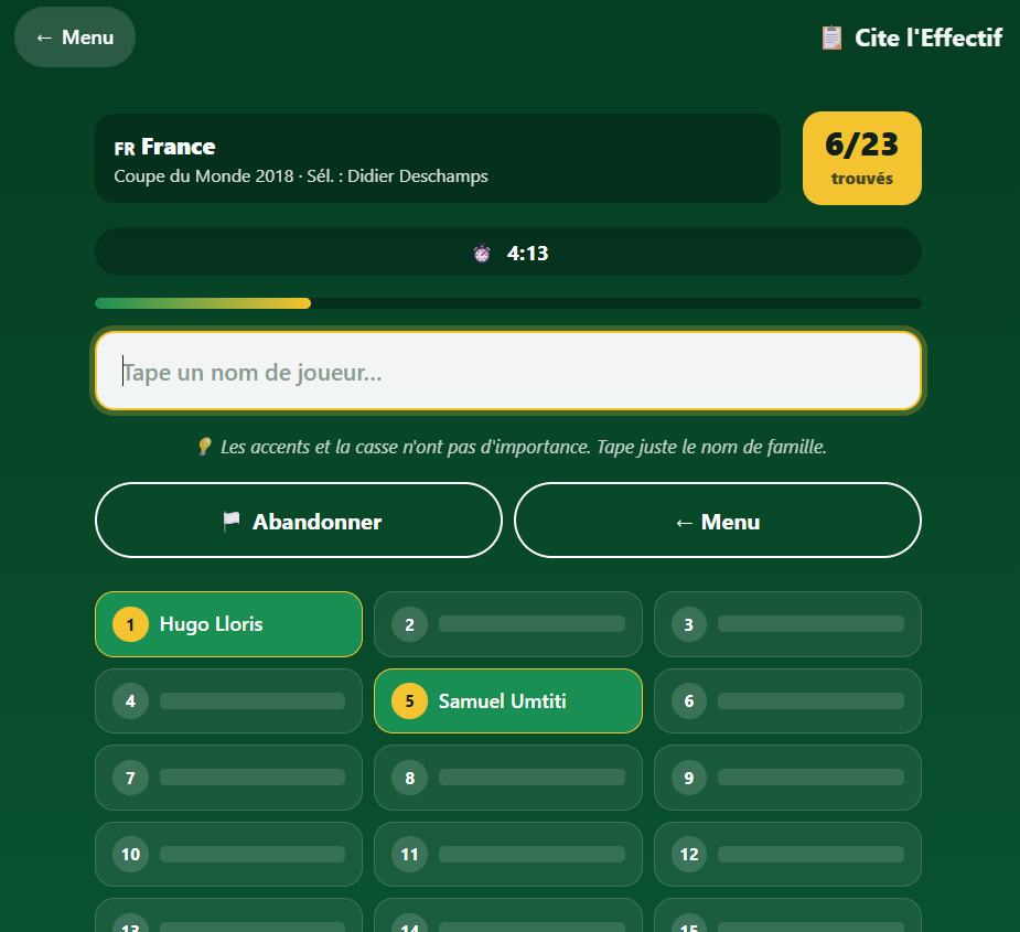 Page de résultats du Quiz Coupe du Monde montrant le score.